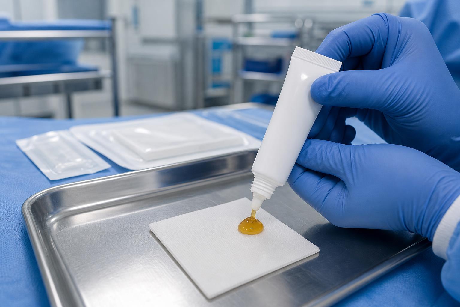 Clinician applying medical grade honey to a sterile wound dressing in a hospital treatment room